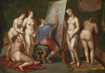 Un pintor pintando un desnudo femenino